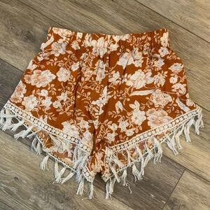 SHEIN Rust and White High Waist Shorts w/ Fringe.